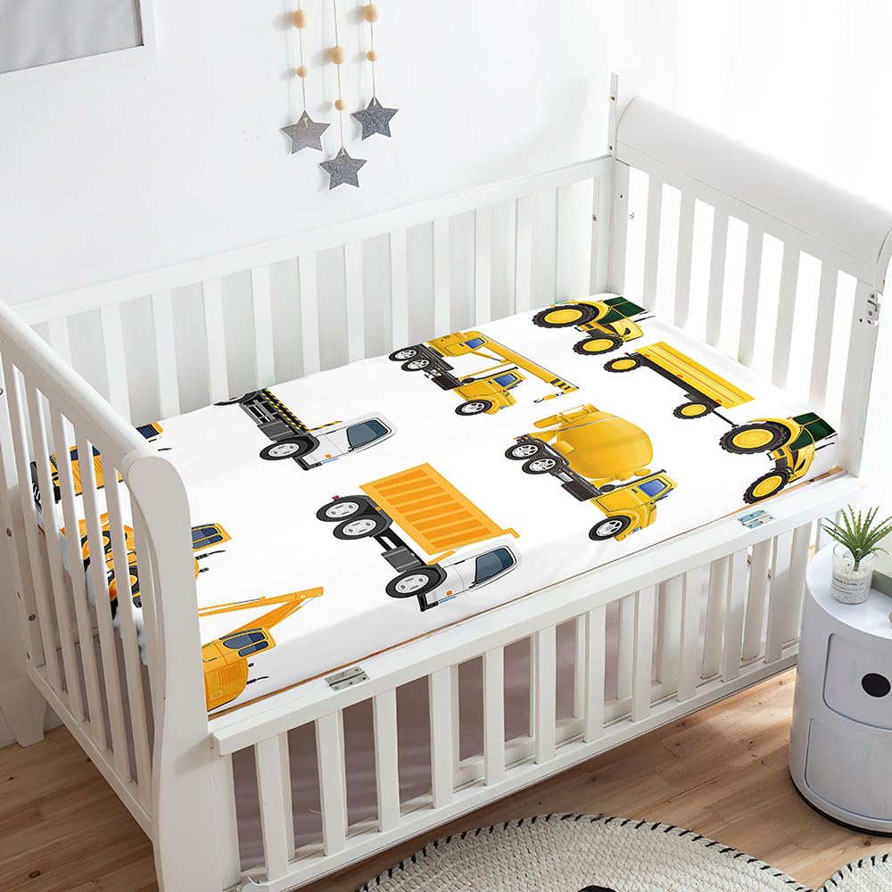 Odot Cot Bed Sheets, Cartoon Car Print Bedside Cribs Fitted Sheets, Baby Bed Sheets Microfiber Cot Bed Mattress Protector, Bassinet Sheets, Easy Care Soft and Dureable (65x95 cm,Excavator)