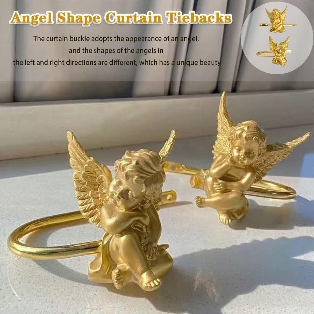 Angel Shape French Curtain Tiebacks, Golden Resin + Alloy Curtain Holdbacks, Modern Living Room Window Buckle, Hole Installation(Right)