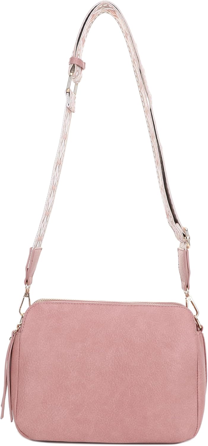 SG SUGU Triple Compartment Crossbody Bag for Women Trendy Vegan Leather Shoulder Bag with 2 inch Wide Guitar Strap
