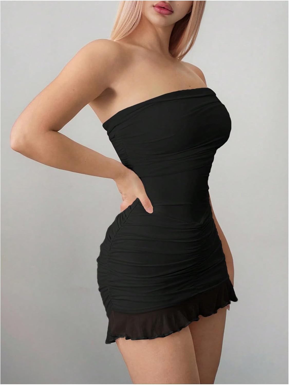 SweatyRocks Women's Off The Shoulder Mini Dress Going Out Ruched Mesh Ruffle Bodycon Dresses - Image 2