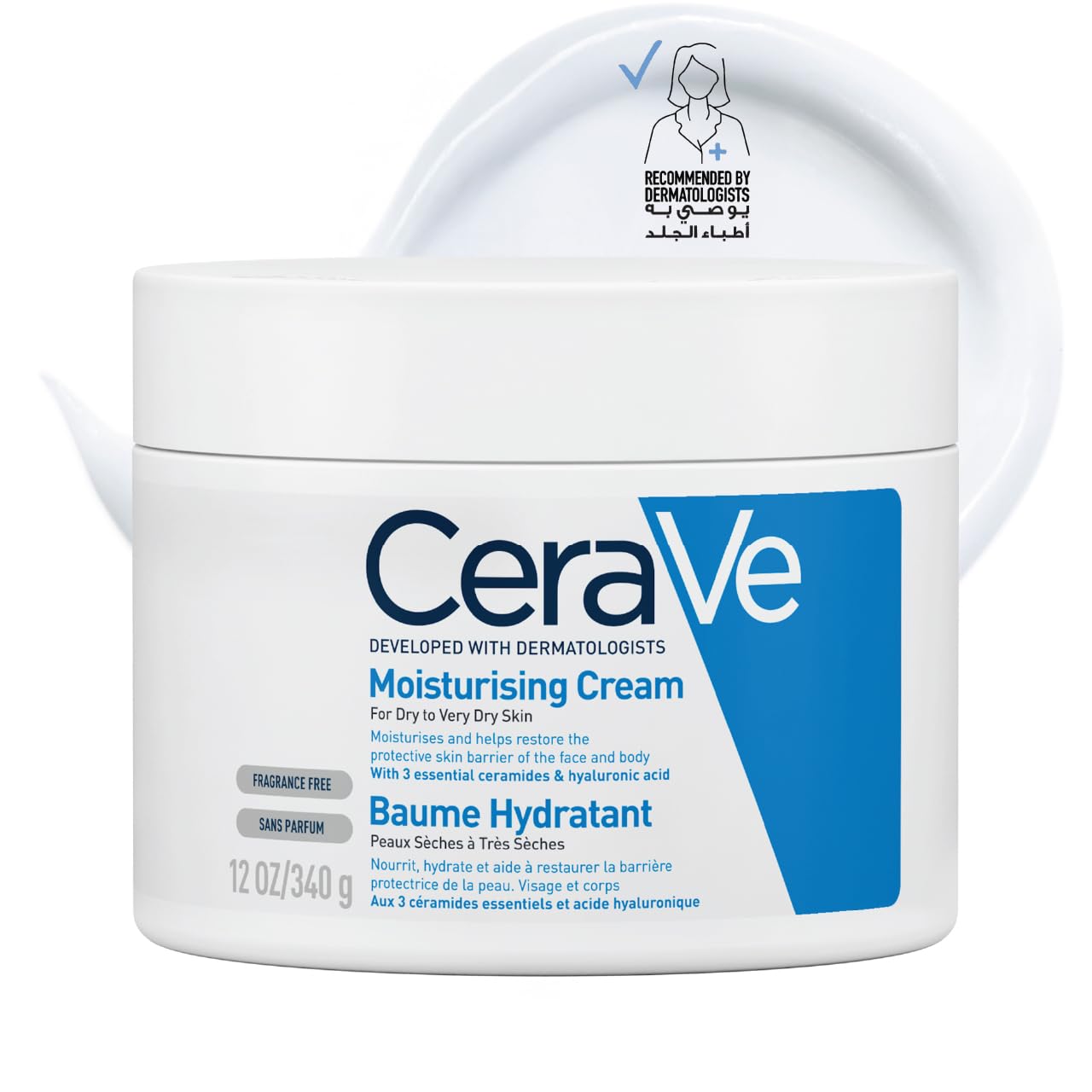 CeraVe Moisturising Cream 340g Jar – Rich Everyday Face & Body Cream with 3 Ceramides & Hyaluronic Acid, 24-Hour Hydration for Dry to Very Dry Skin, Fragrance-Free Home Size