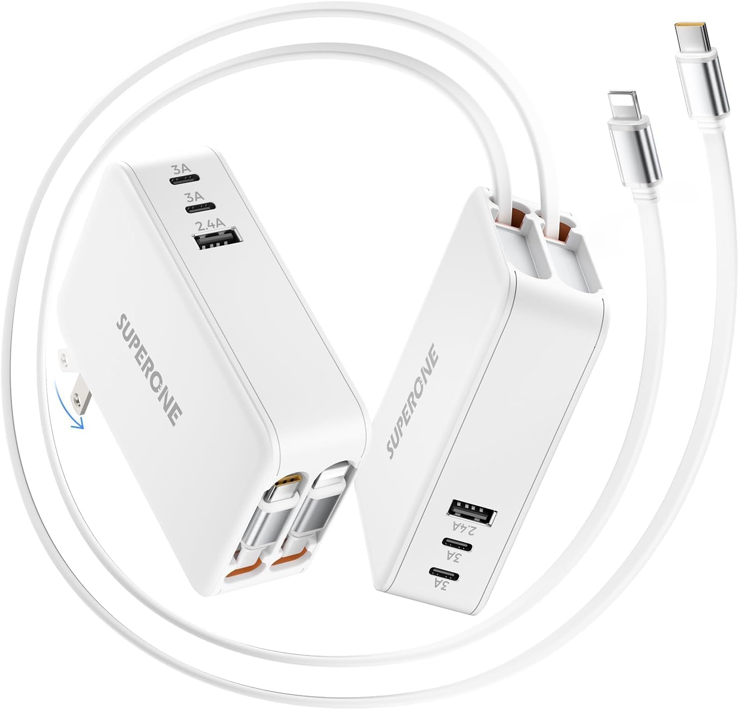 SUPERONE 119W Retractable Wall Charger with Dual Cables, 5-Port USB C Charger Block, Compact Foldable Power Adapter, 65W Fast Charging for MacBook Pro/Air, Dell XPS, ThinkPad, ZenBook, iPhone, iPad