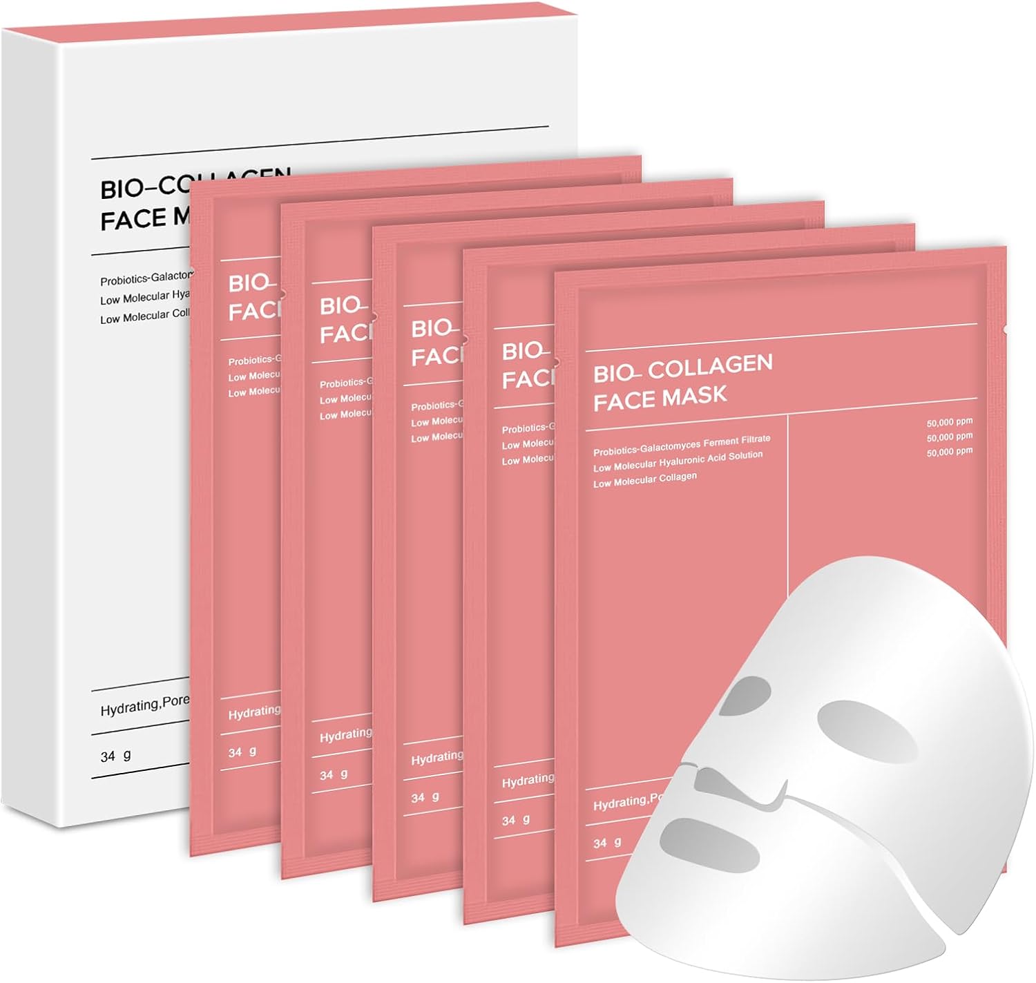 Bio Collagen Face Mask 5pcs, Hydrating Overnight Korean Skincare Sheet Mask, Deep Moisturizing, Pore Minimizing, Elasticity & Wrinkle Improvement, Glass Skin Glow (Pink)
