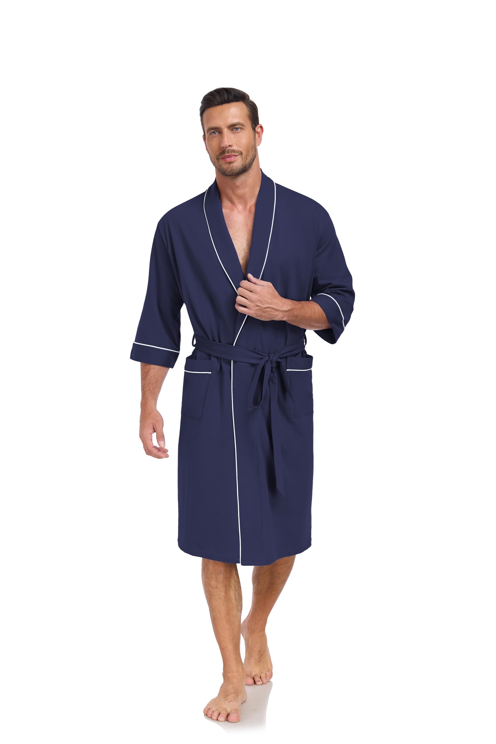 ANLIQI Herren Bademantel 100% Baumwolle Kurzarm Kimono Sommer Taschen