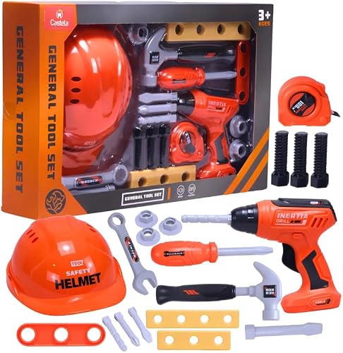 Kids STEM Learning Builder Kit with Electric Drill & Construction Helmet – Pretend Play DIY Tool Kit with Lights & Sounds for Boys & Girls