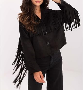 xzbailisha Women's Faux Suede Leather Tassel Jackets Button Cropped Fringe Coats 2025 Fall Western Outfit