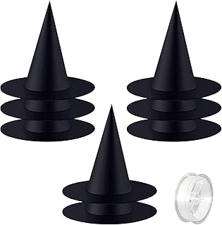 ZeeDix 8 Pcs Halloween Black Witch Hats- Halloween Hanging Decorations Witch Hat with 98 Feet Hanging Rope for Halloween Costume Accessories Party Decorationï¼ˆM