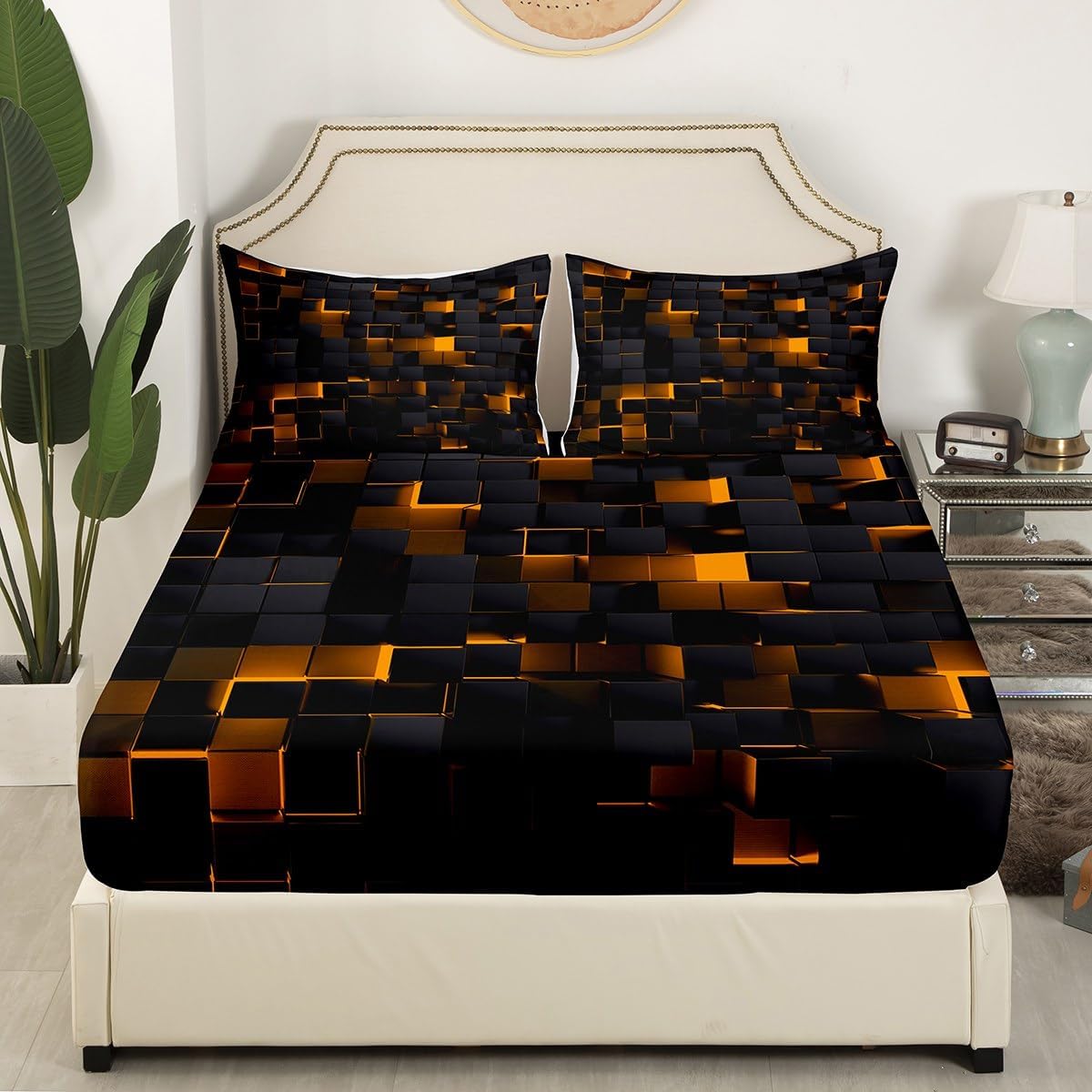 Erosebridal Orange and Black Bed Sheets King Neon Geometric Checkered Bedding Set for Kids Boys Teen Men,Stereoscopic Grid Plaid Sheet Set Glowing Square Fitted Sheet + Flat Sheet + 2 Pillow Cases