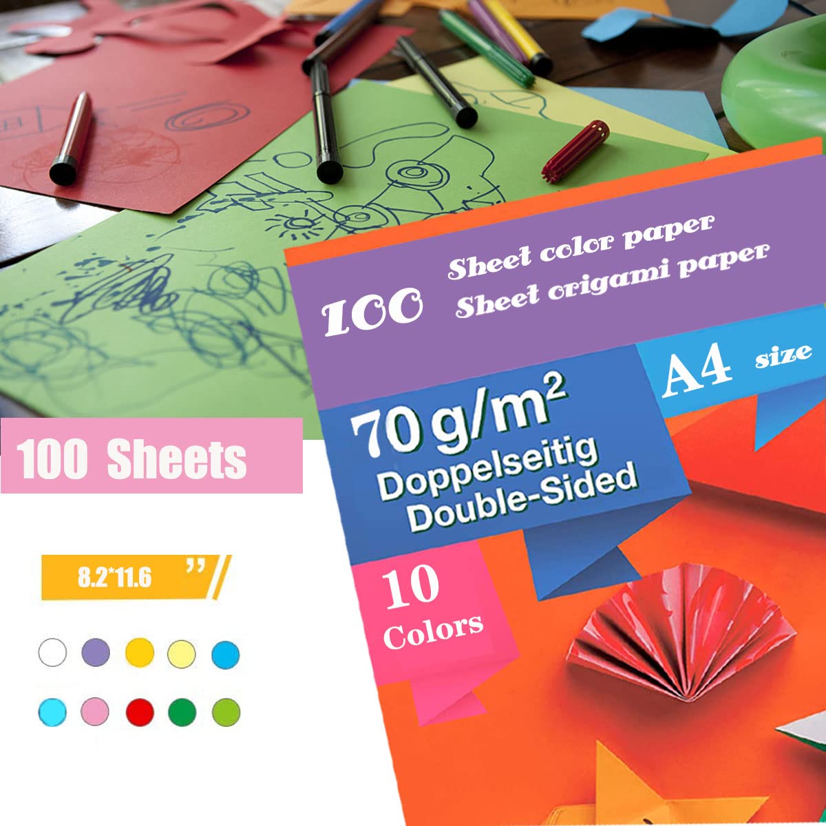 Origami-papier, 100 vellen, 10 x 10 cm, dubbelzijdig knutselpapier, 10 kleuren, hoogwaardige vouwvellen voor kinderen, kunst en doe-het-zelf knutselprojecten