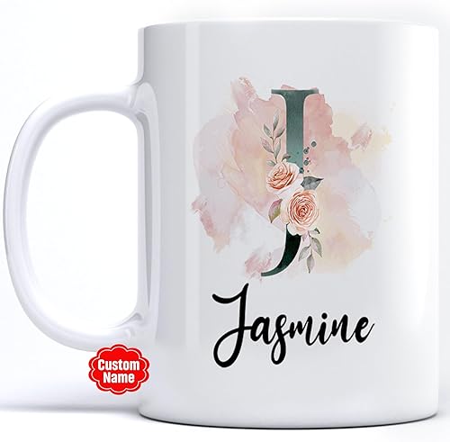 PREZZY Taza personalizada con letra J con inicial, monograma personalizado, taza de café floral, regalos para mujeres, hombres, familiares, amigos,