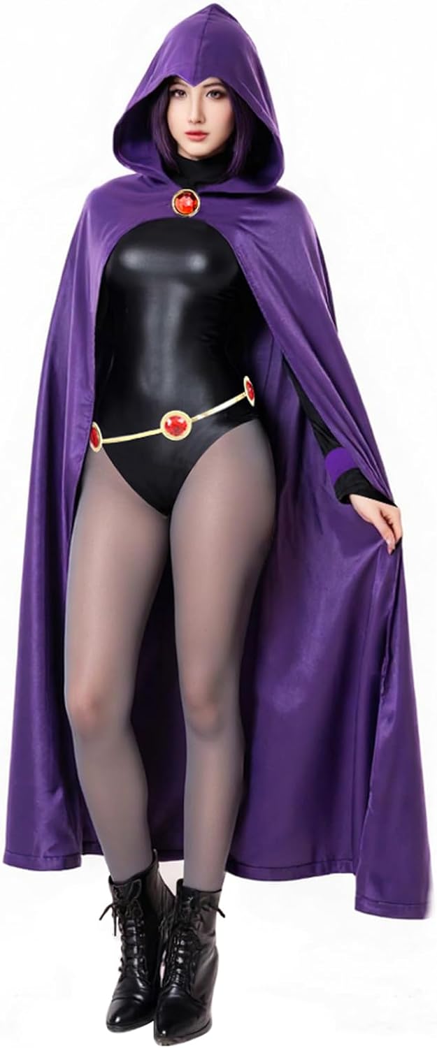 6PCS Raven Cosplay Costume Women's Halloween Raven Cosplay with Cape Belt Jumpsuit Tights Purple Uniform Suit - Image 3
