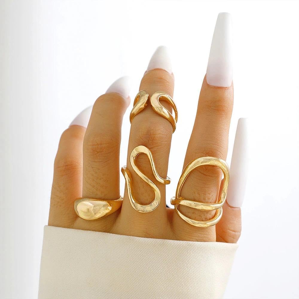 4Pcs Chunky Lines Stackable Knuckle Rings Set for Women Irregular Metal Statement Open Finger Ring Modern Geometric Curve Adjustable Jewelry Gift - Image 5