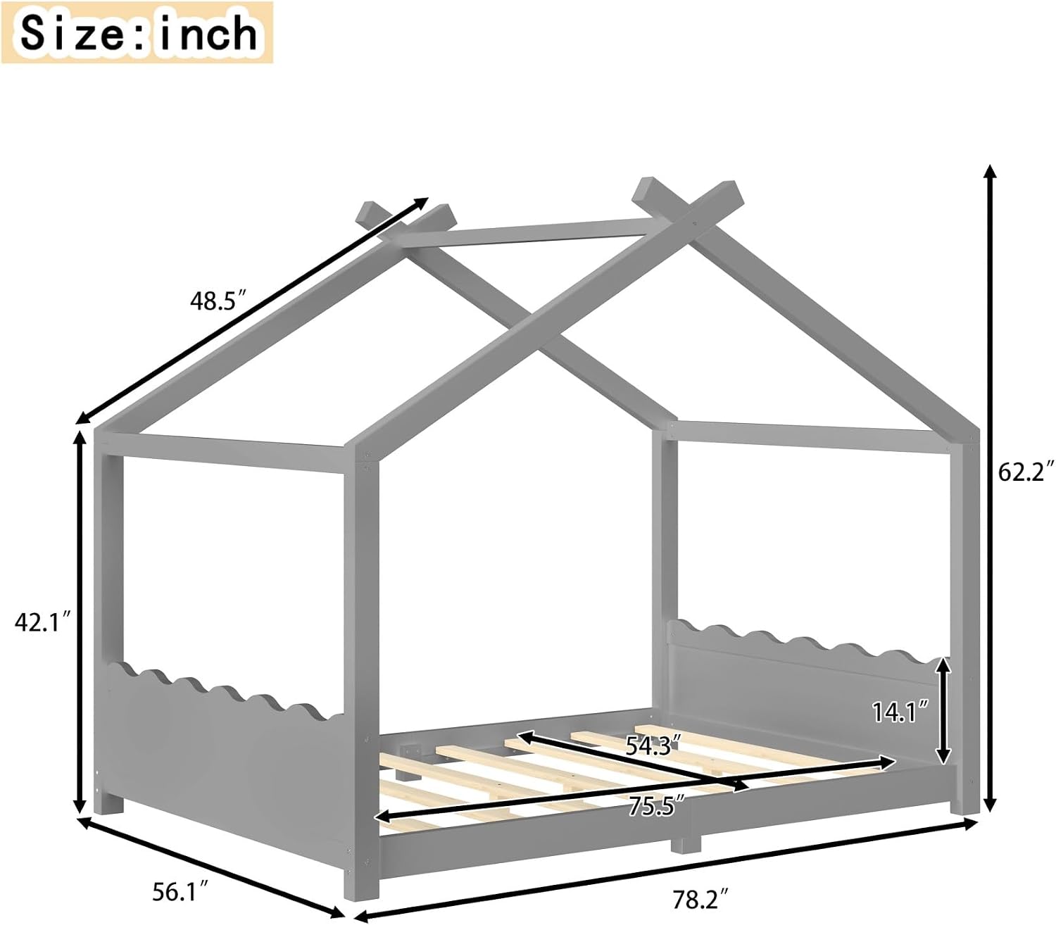 KEIKI Full House Shape Floor Bed Frame decorated for a child's room