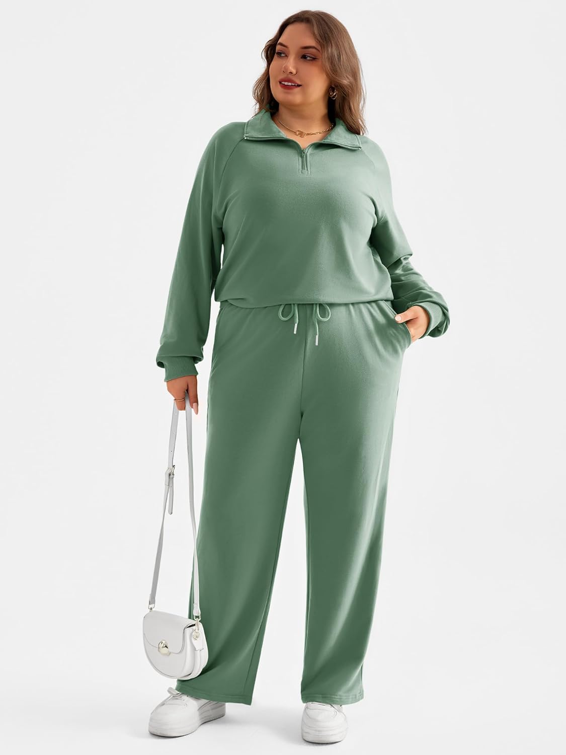 Chulianyouhuo Womens Plus Size 2 Piece Outfits Lapel Half Zip Sweatshirts Wide Leg Pants Tracksuits Lounge Matching Sets