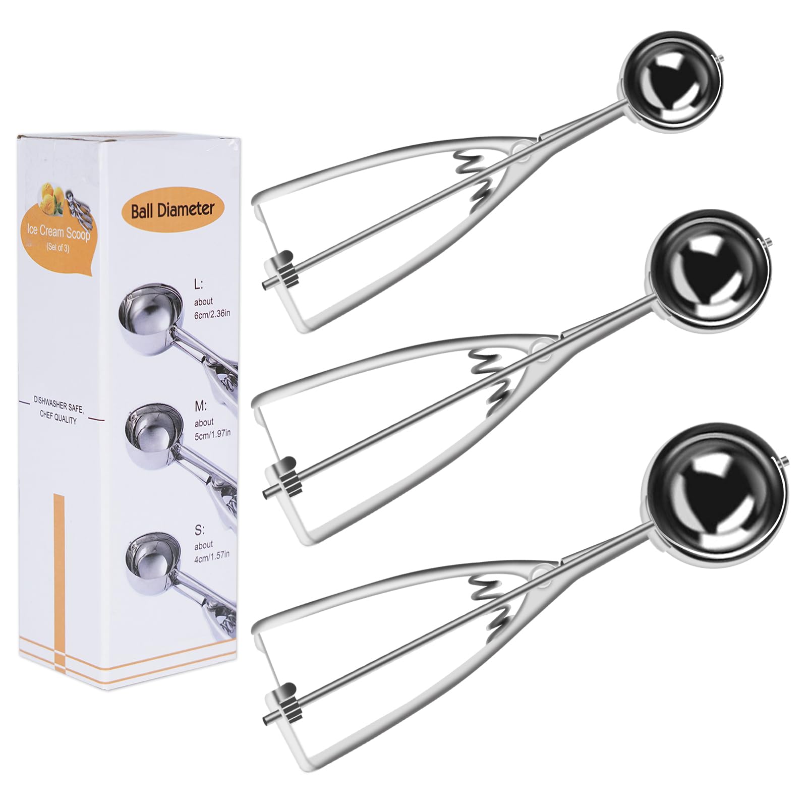 3pcs Ice Cream Scoop, Cookie Scoops for Baking, Polished Stainless Steel Ice Cream Scoop, Large-Medium-Small Size, for Ice Cream, Cookie, Cupcake, Meatball, Muffin