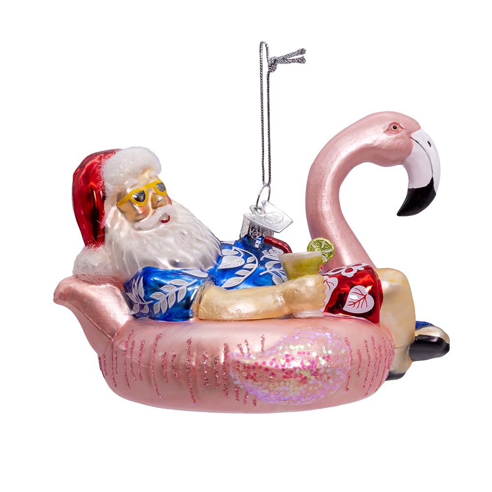 Kurt S. Adler Noble Gems Glass Santa with Flamingo Float Ornament, 4.5-Inches, Multicolor