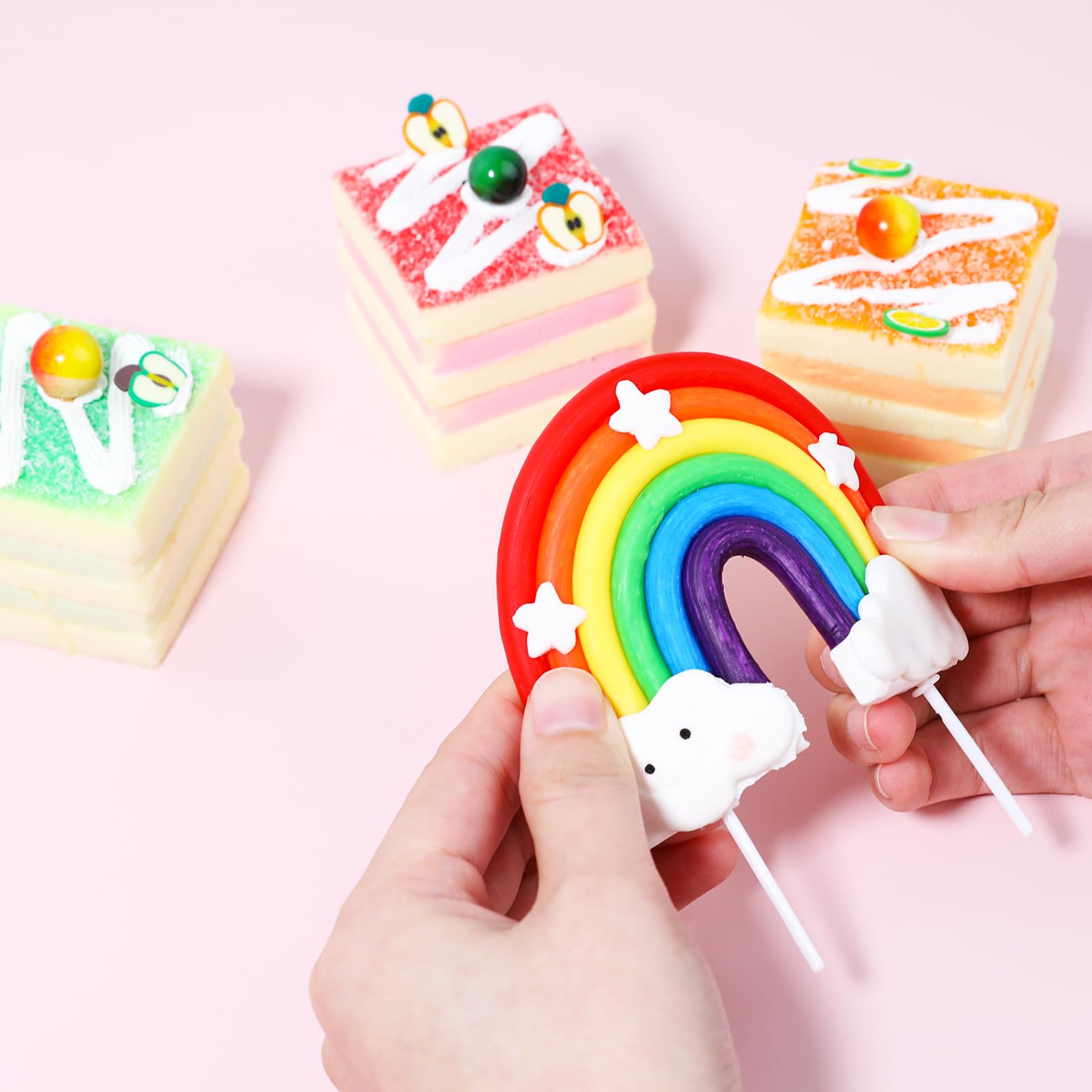 Soft Pottery Cute Rainbow Star Cloud Cake Decorations - Colorful Rainbow Cupcake Topper - Personalized Reusable Happy Birthday Cake Topper - Birthday Party Decorations Supplies