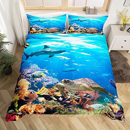Erosebridal Sea Turtle Duvet Cover Twin Shark Bedding Set,Ocean Animals Fishes Quilt Cover,Tortoise And Rainbow Color Coral Printed Home Textiles Comforter Cover For Teens Boys Girls,With Zipper #TOP1