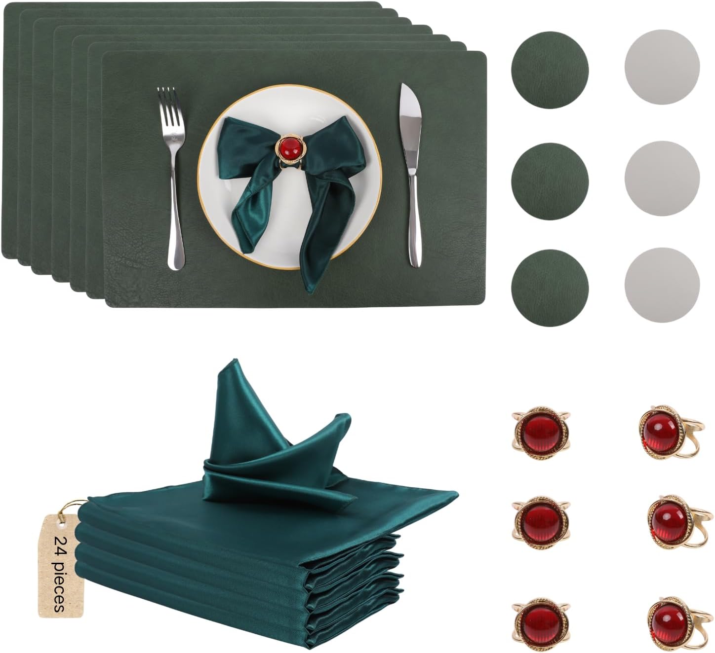 Faux Leather Placemats Set of 6 with Round Coasters, Green Heat Resistant Washable Table Mats with Cloth Dinner Napkins & Napkin Rings for Dining Table, Outdoor, Home Decoration (24pcs)