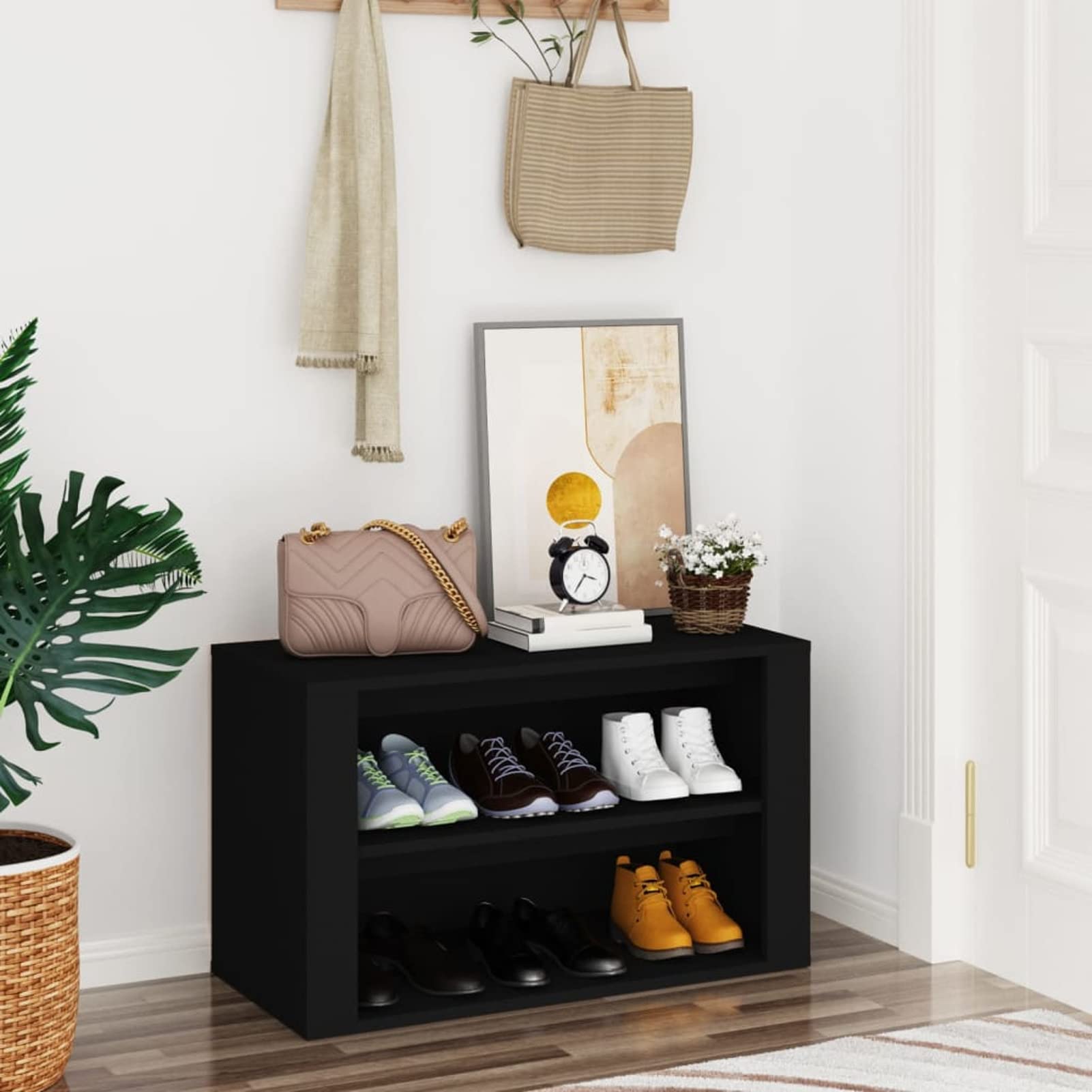 Étagère à chaussures noire 75x35x45cm en bois d'ingénierie pour entrée