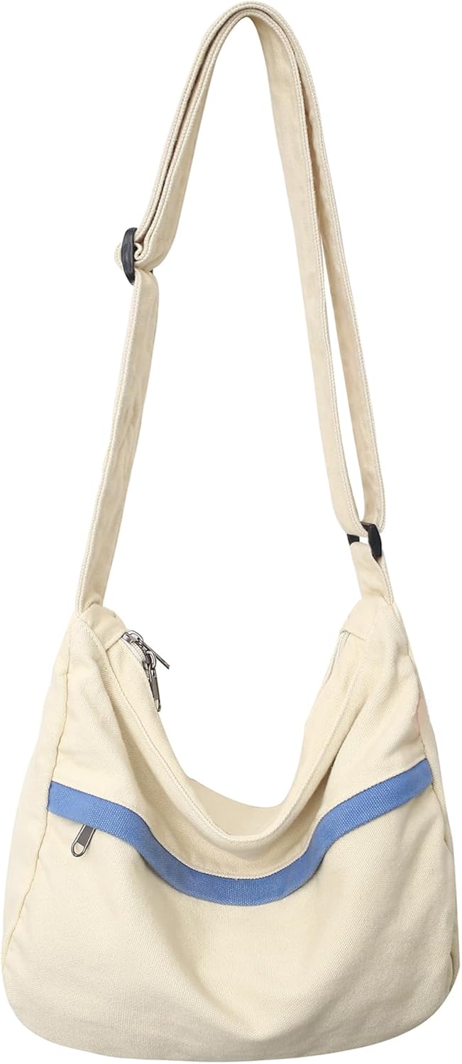 Canvas Messenger Bag Large Hobo Crossbody Bag with Zipper Casual Shoulder Tote Handbag for Women and Men