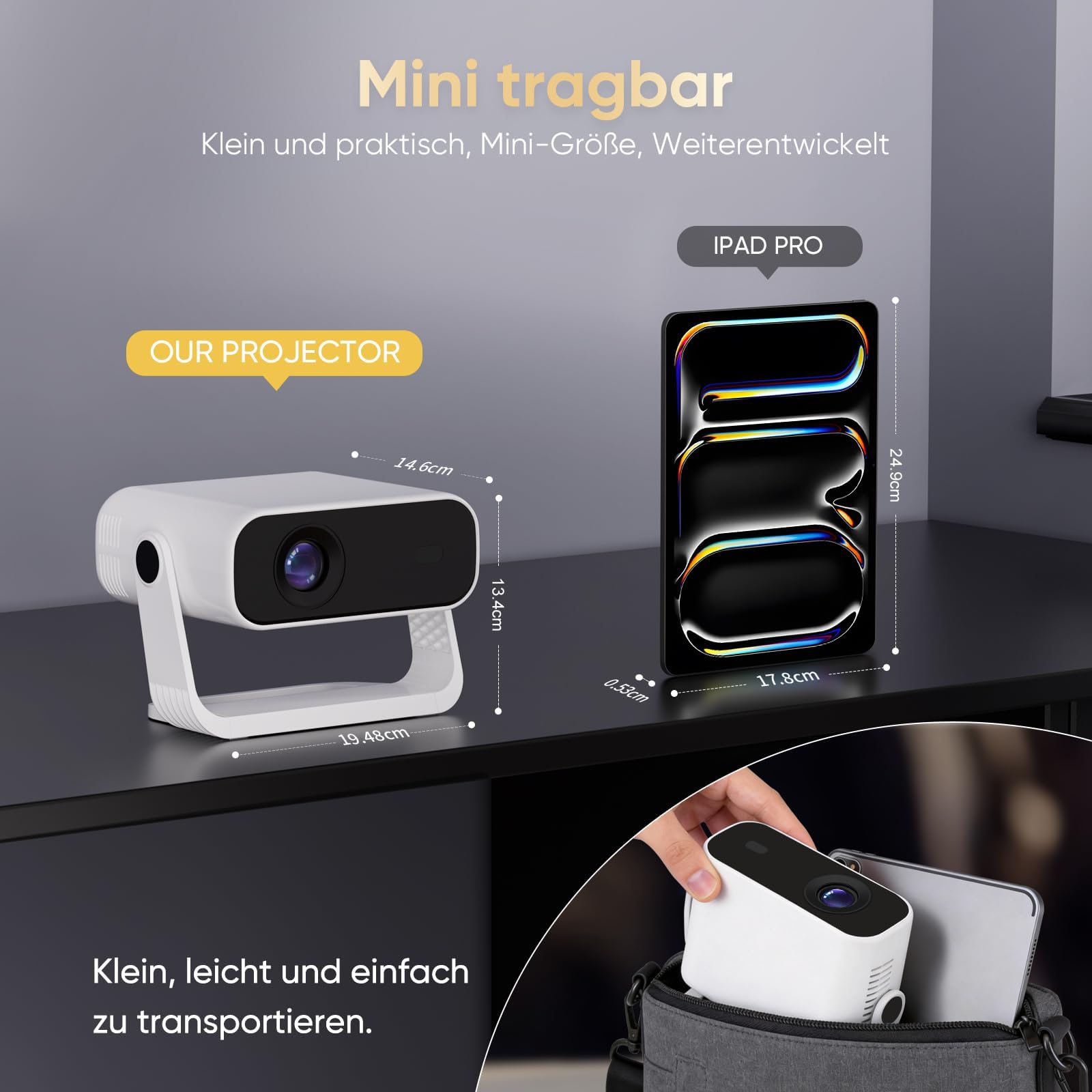 2026 Neuer Smart Mini Beamer Integrierte APP, Android 14, Unterstützt 1080P und 4K-Dekodierung, Automatische Trapezkorrektur, WiFi6 & BT5.2 ，Beamer 4K Heimkino für Handy/HDMI/PC