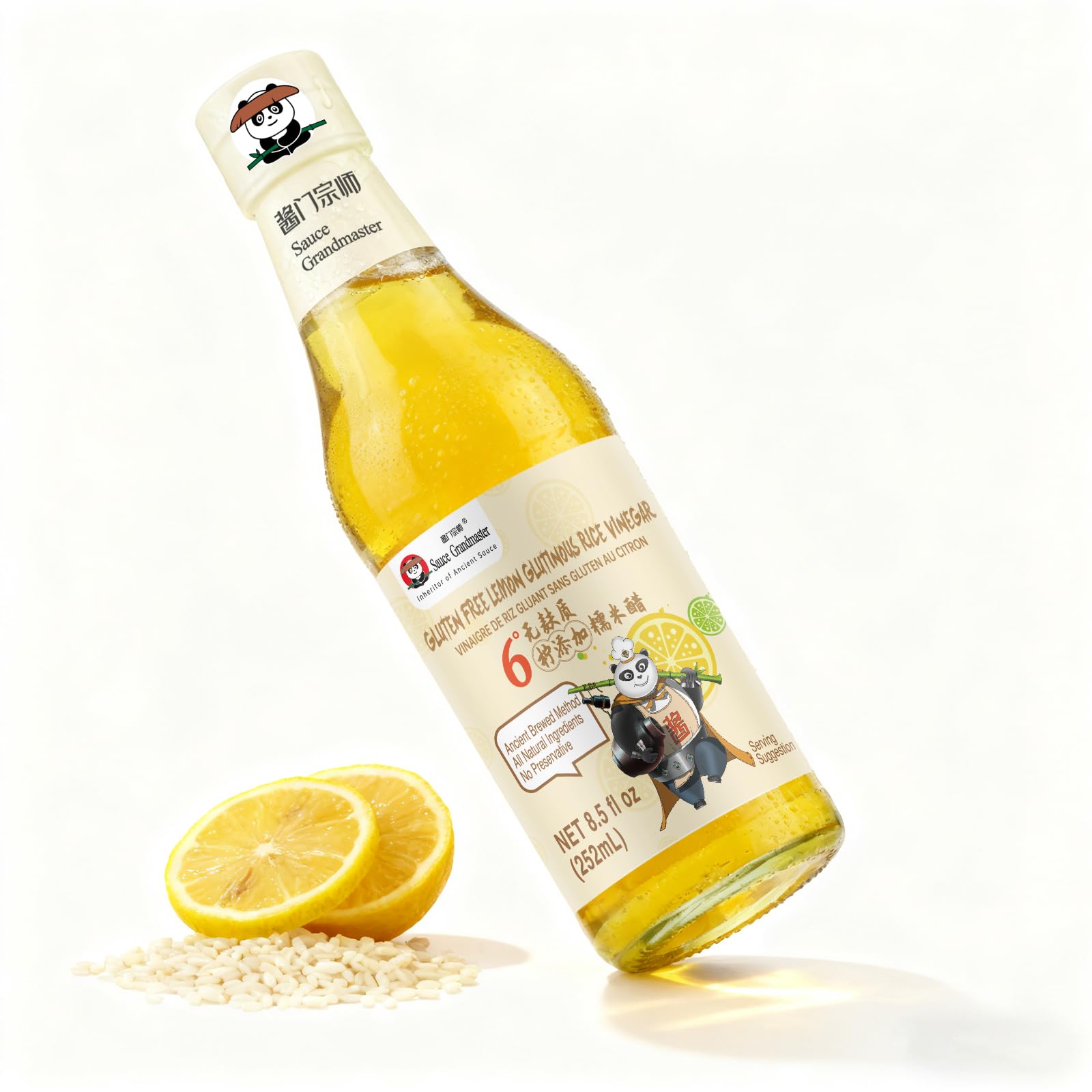 Glutinous Rice Lemon Balsamic Vinegar- Lemon Fruit Infused Naturally Fermented Vinegar, Smooth and Fresh, Gluten Free, No Additive, No Sugar, Rich in Vitamin C, Best for Salad Dressing, Sauces, Cocktail, Seafood & Meat Dishes- Sauce Grandmaster
