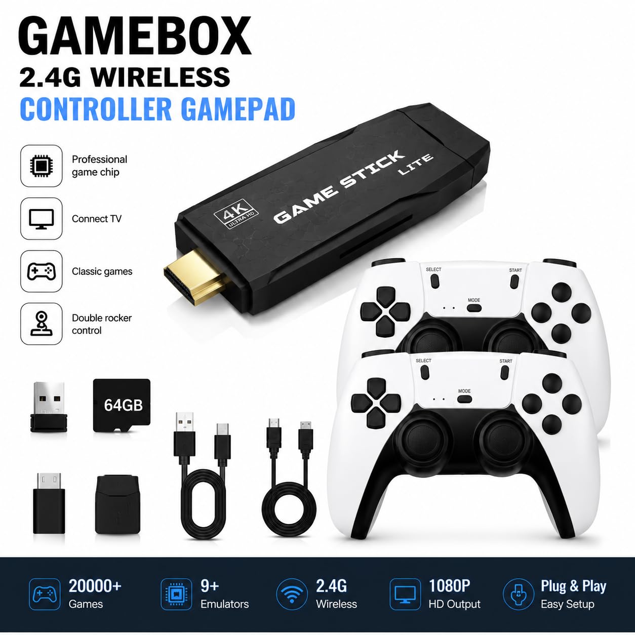 Consola de Juegos Retro Inalámbrica, 2026 Nueva Versión, Dongle HDMI 4K, 9 Emuladores Incorporados, 20000+ Juegos Preinstalados, Set con 2 Mandos Negros，128G 40000Games