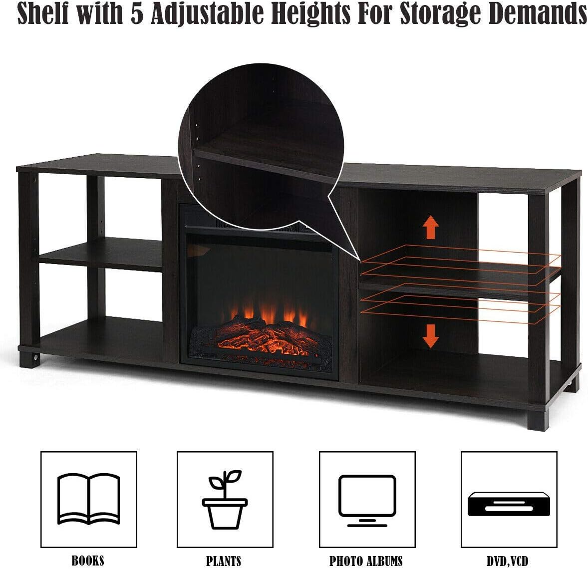 DORTALA 3-Tier TV Stand with Storage, Wood Multipurpose Entertainment Center for 65 Inch TV, TV Console Table w/ 18 Inches 1400W Electric Fire Place