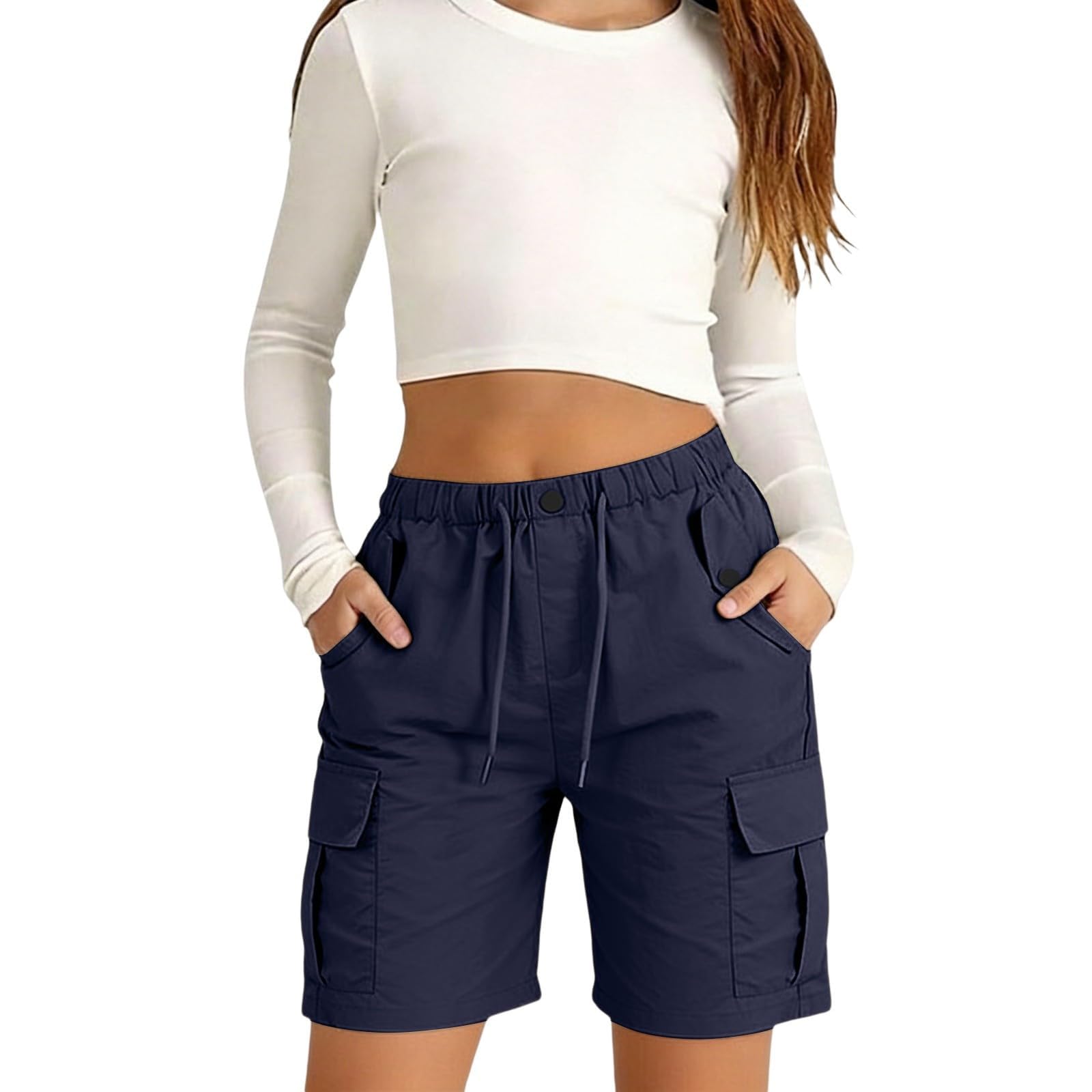Generisch Shorts Mädchen Sommer Baggy Elastische Taille Cargo Shorts Casual Bermuda Wanderhose Einfarbig Outdoor Arbeitshose mit Taschen und Kordelzug