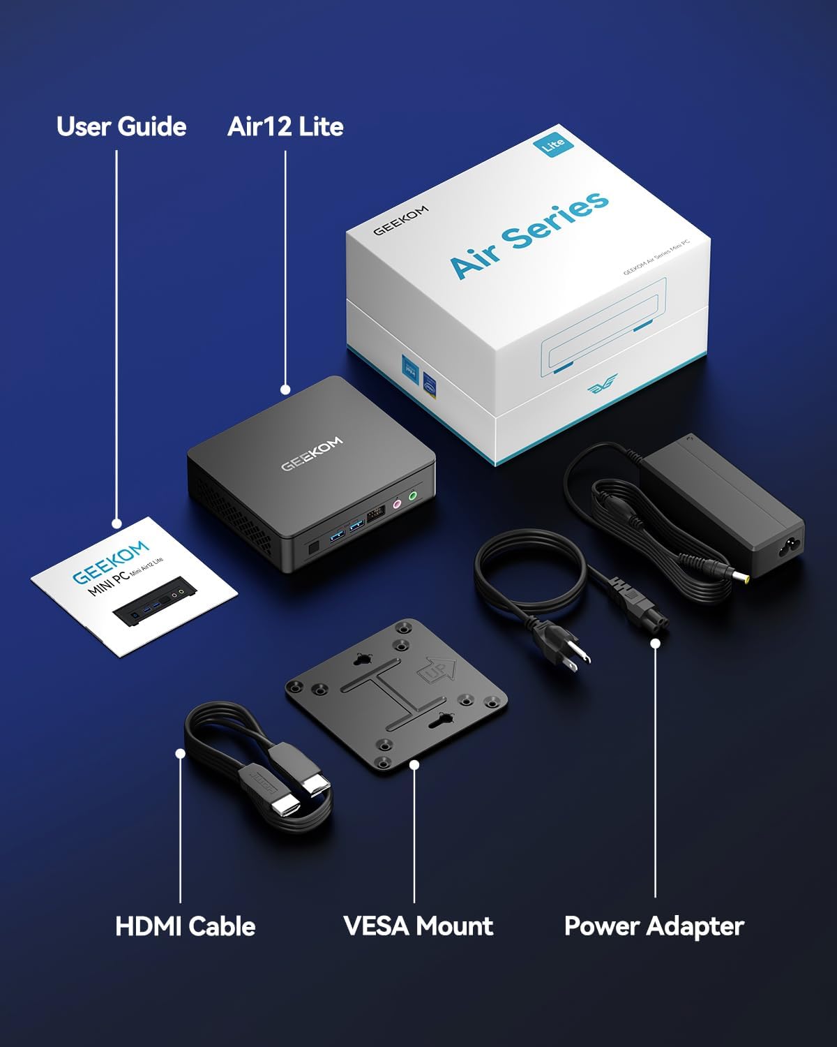 GEEKOM Air12 Lite Mini PC and its accessories laid out