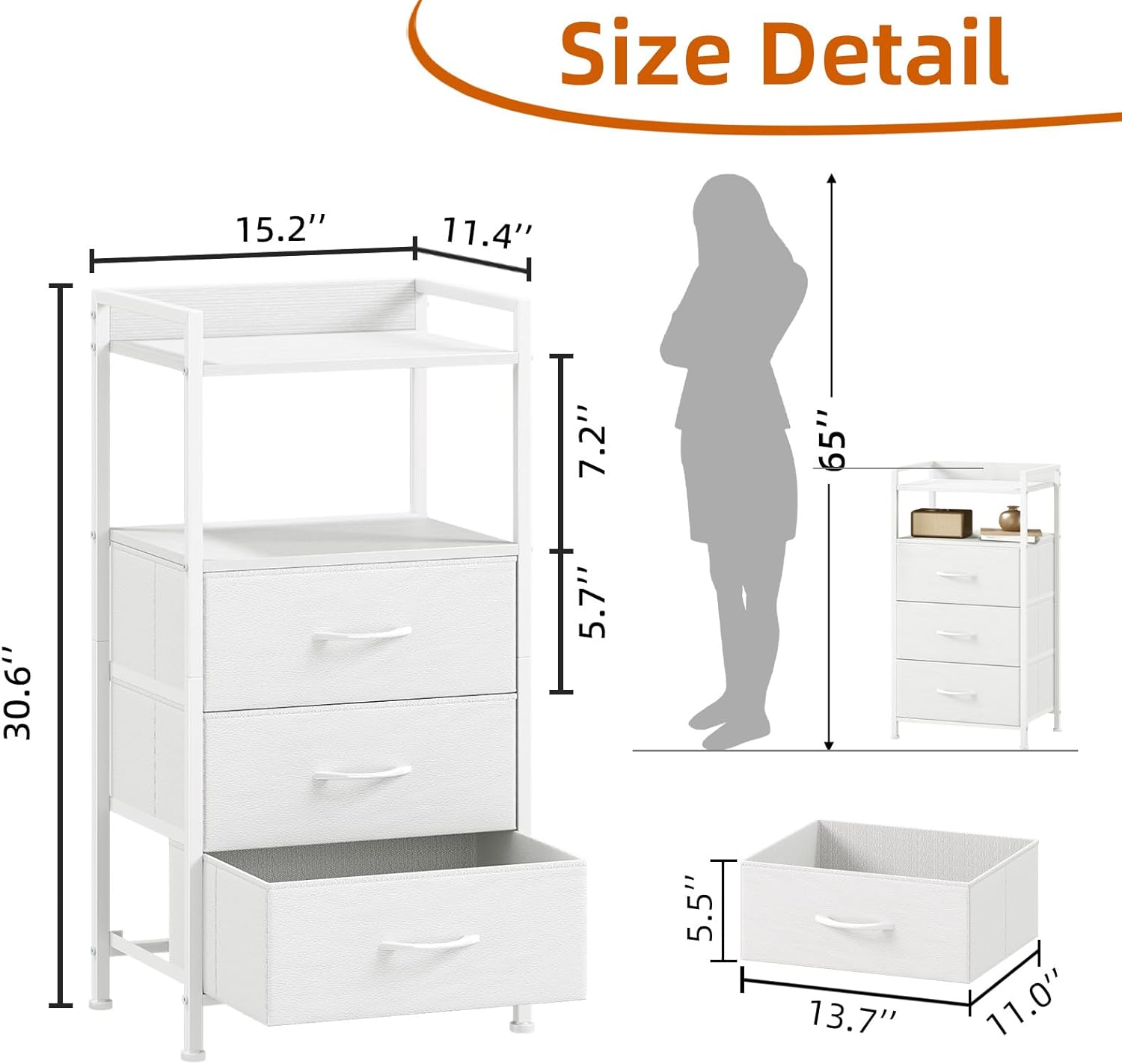 Somdot Nightstand with 3 Drawers, Dresser with Fabric Bins for Bedroom, Hallway, Entryway, Nightstand Bedside Table Furniture, Sturdy Steel Frame, Wooden Top, Easy Pull Fabric Bins, White Leather - Image 3