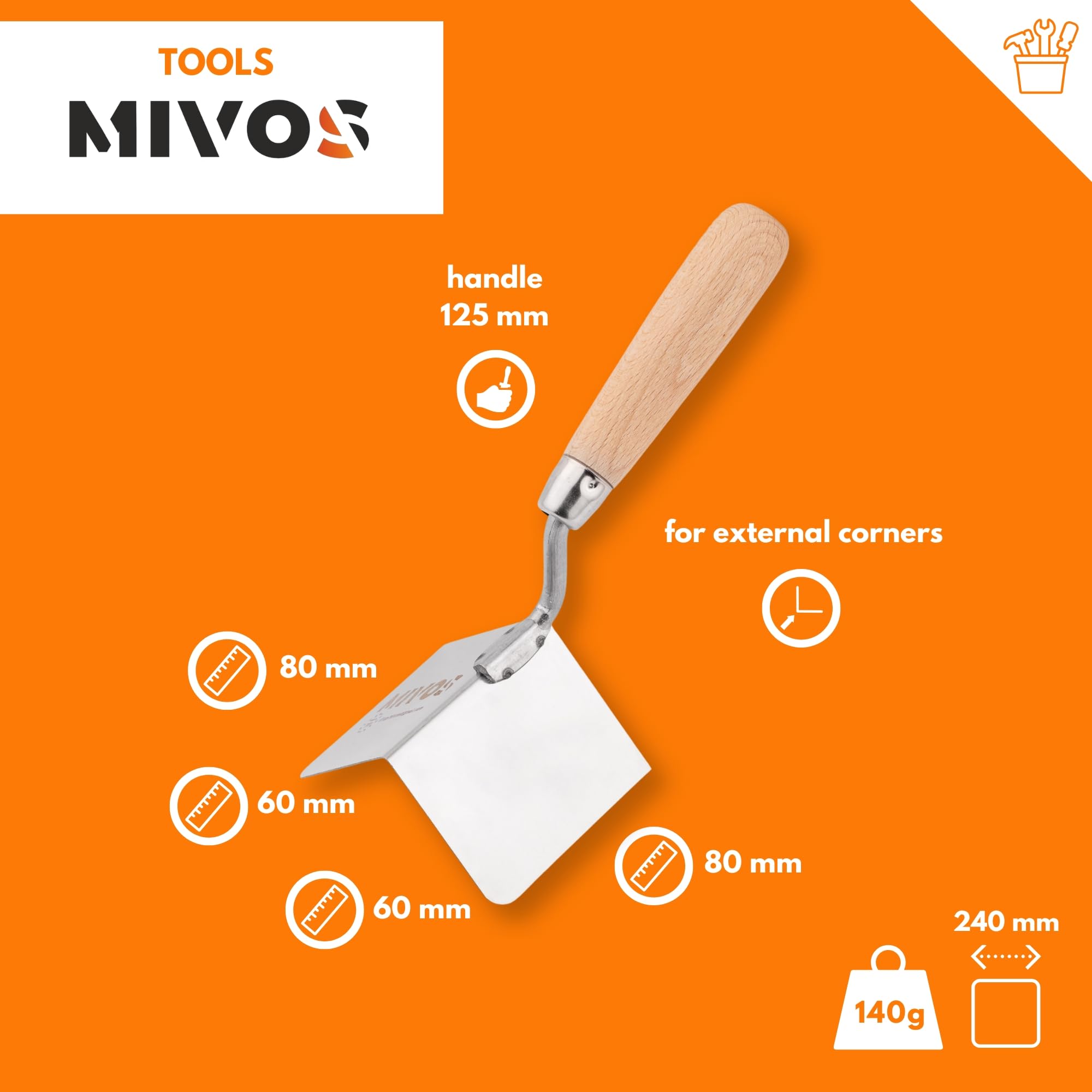 Mivos Stainless Steel Outdoor Corner Trowel, Rustproof 80 x 60 mm, Wooden Handle, 90° Angle, EU Made - Image 3