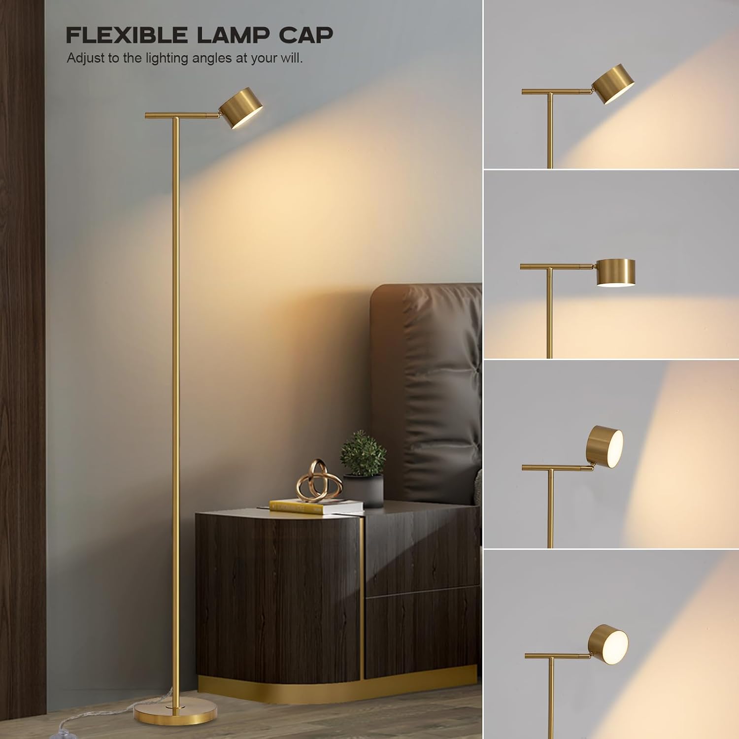 Floor Lamp for Bedroom, 3 Color Temperatures Minimalist Floor Lamp with Flexible Lamp Cap, Modern Gold Floor Lamps for Living Room Bright, Simple Standing Lamp for Office Reading Working