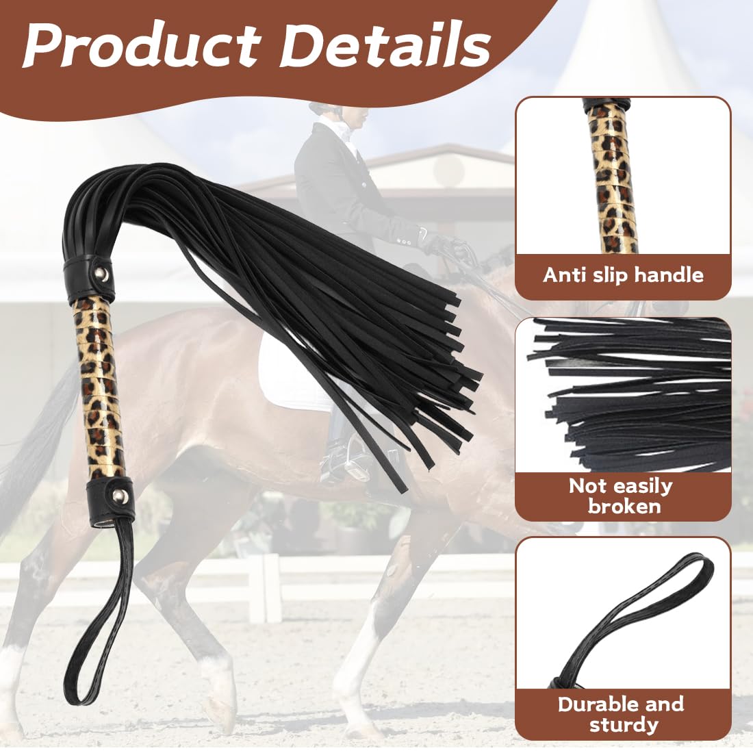 Látigo de Cuero, Herramienta de Entrenamiento Diario para Caballos, Riendo para Salto y Carreras, Escobillón con Flecos, Accesorios para Disfraces, Deportes al Aire Libre, Fusta Equitación - 3
