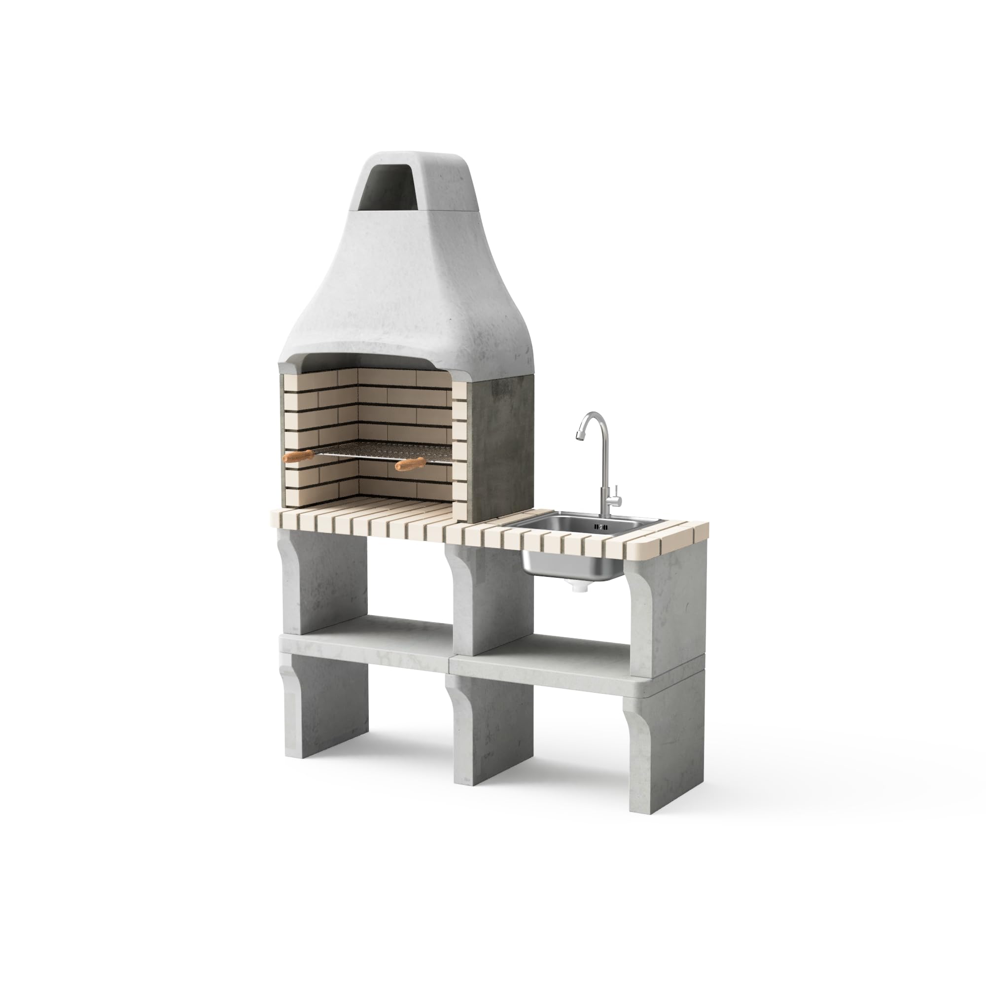 MOVELAR - Barbacoa de Obra Prefabricada para Leña y Carbón Modelo New Iberia Plus XL side stand sink&tap (Beige - 128 x 47 x 190 cm) REF: M00467 - Uso en Exteriores