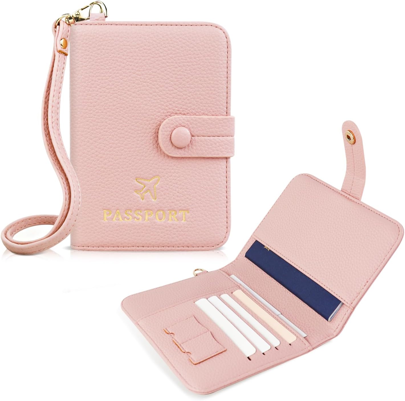 FuninCrea Passport Holder for Travel with Neck Lanyard, RFID Passport Wallet with Multi-Slots, Faux Leather Passport Cover Travel Wallet for Women and Men (Pink)