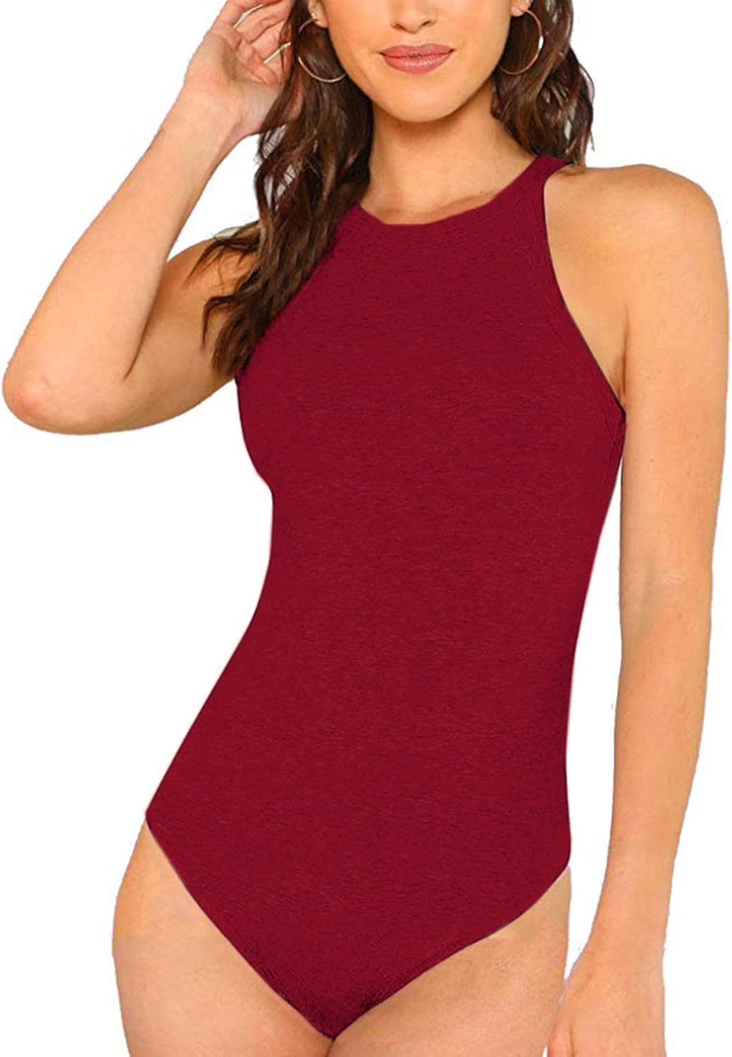 Milumia Women Skinny Halter Bodysuit Mid Waist Solid Fitted Tank Shapewear Romper Top at  Women’s Clothing store