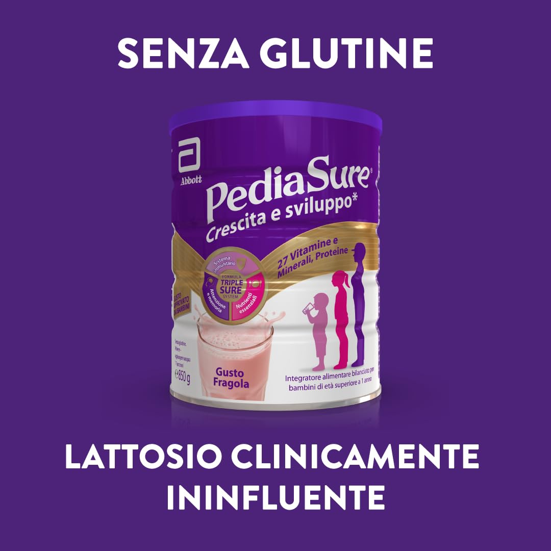 PEDIASURE Crescita e Sviluppo, Integratore Alimentare per Bambini da un anno in su, Multivitaminico con 27 Vitamine e Minerali e Proteine, Confezione 850g, gusto Fragola