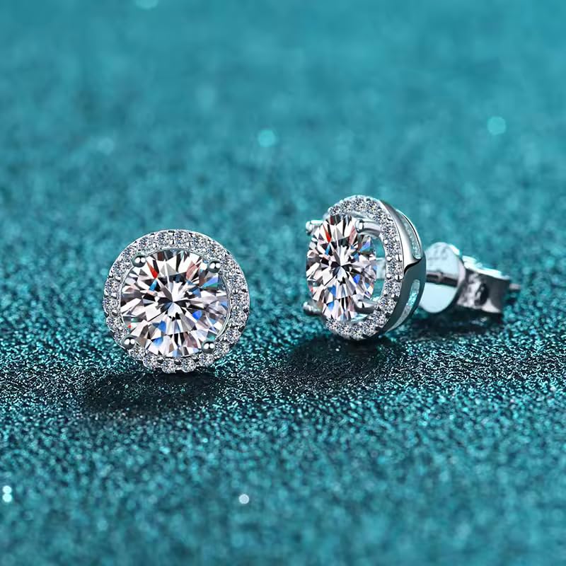 Image of GRA Certified 925 Sterling Silver Stud Moissanite Stud Earrings, 1-4ct DF Color Brilliant Halo Round Cut Moissanite Earrings 925 Sterling Silver Friction Back for Women