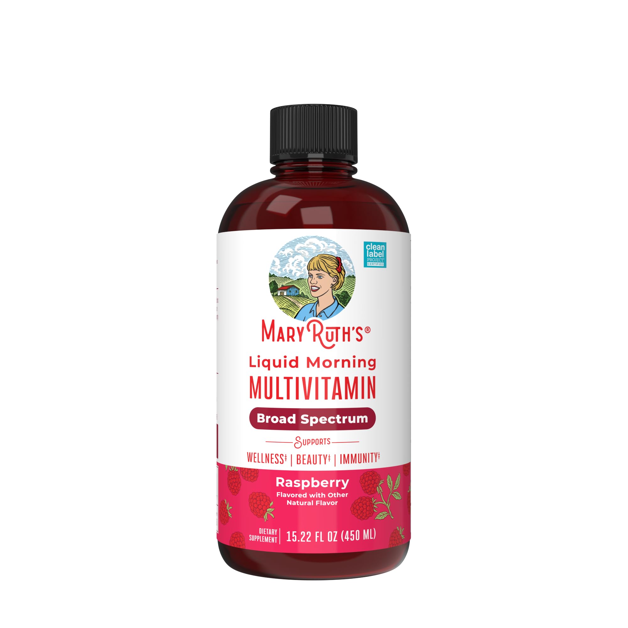MaryRuth Organics, Liquid Morning Multivitamin Essentials+, Essential Vitamins & Minerals, Sugar Free, Raspberry Flavour, 450ml, Vegan, Gluten Free