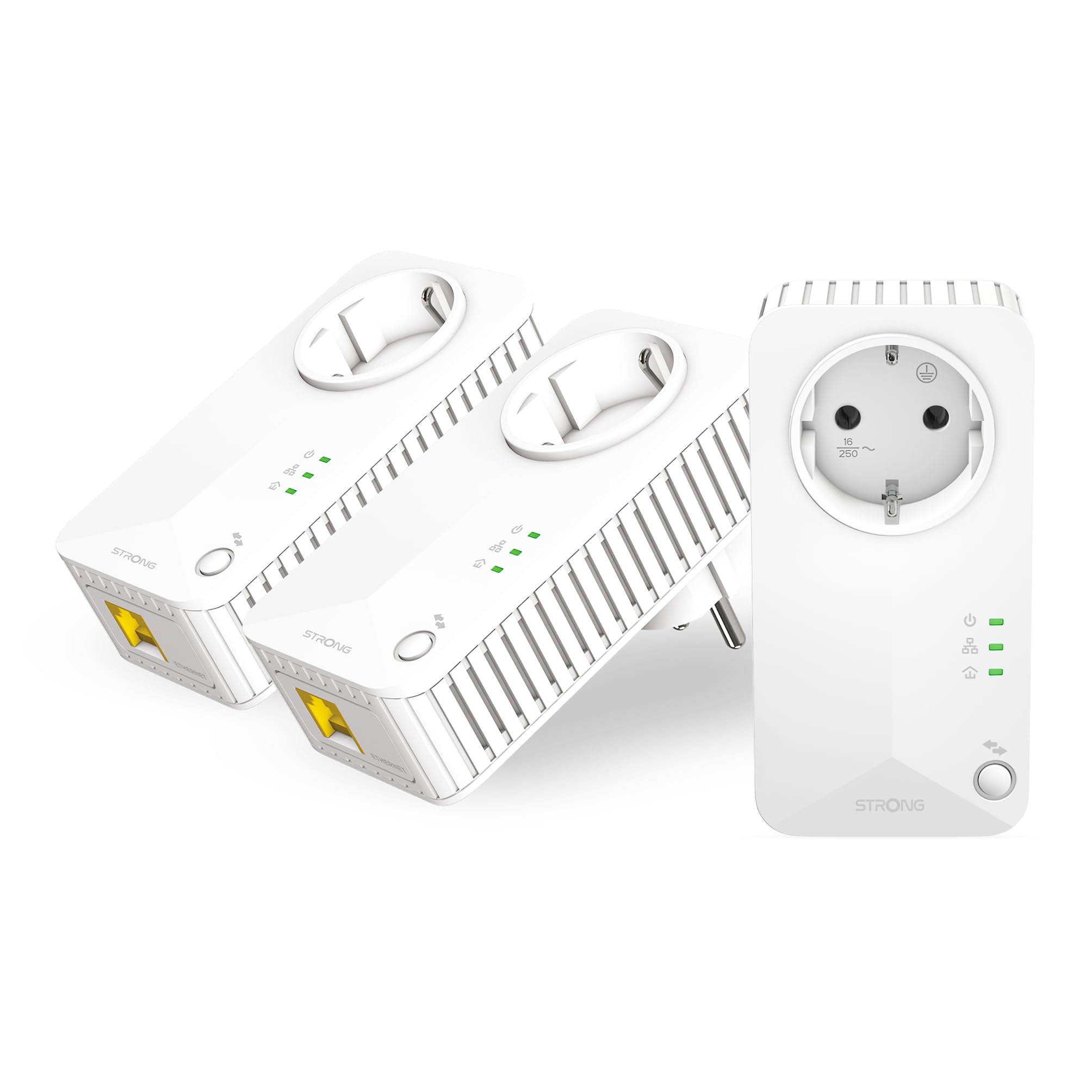 STRONG - Kit Powerline 600 - Triple Toma PLC - 600 Mbps - Compatible Box/Router - 1 Puerto Ethernet + Enchufe Filtrado - Instalación Plug & Play - Alta Velocidad - Blanco