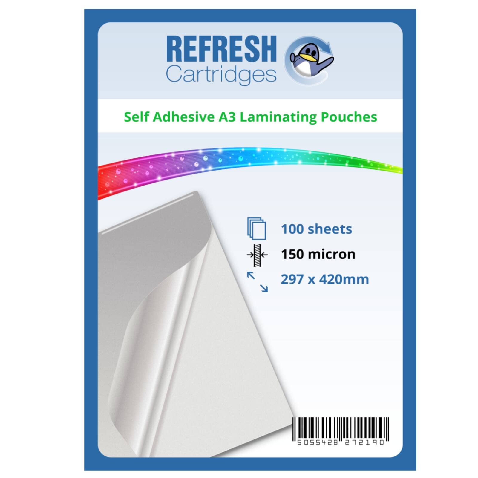 Refresh Cartridges Sticky Back/Self Adhesive Laminating Pouches - A3 (297 x 420mm) - 150 Micron - Pack of 100 Sheets (Glossy)