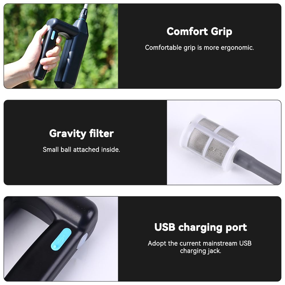 Pulverisateur Electrique, Pulverisateur pour Toiture, 7.4V/1A Pulverisateur de Jardin Electrique, Pulvérisateur à Batterie avec 3 Buses Et 8M de Tuyau, USB Rechargeable, pour Pelouse, Jardin