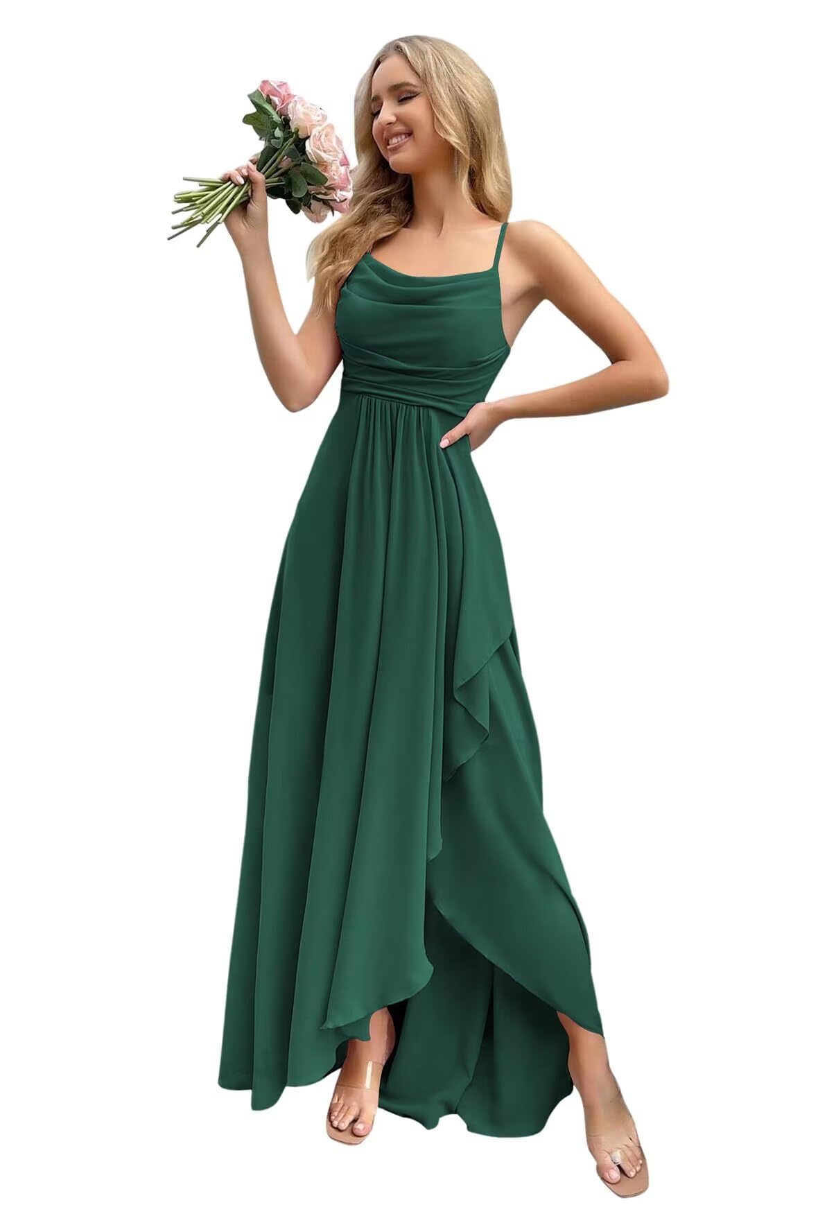 vintys Women's Chiffon Bridesmaid Dresses Long with Slit A Line Formal Dress with Pockets VS085B