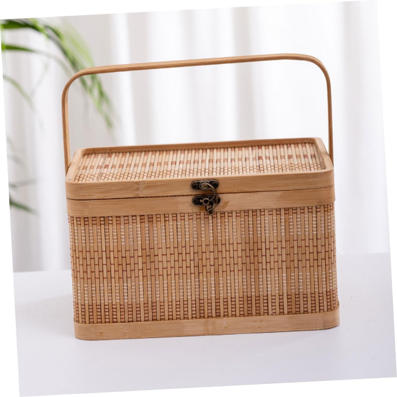 MAGICLULU Storage Basket with Lid Portable Handheld Woven Vegetable Basket for Picnic Home Organization Rustic Style Design