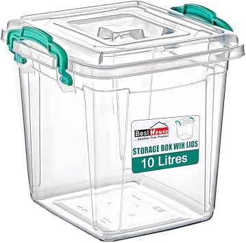 Best House | Plastic Storage Box with Clips & Lids | Size 10L L26cm W26cm H26.2 cm| Set of 1 | Square Shape |Stackable Clear Multipurpose Home Office Kitchen Tools Crafts MEDIUM Size