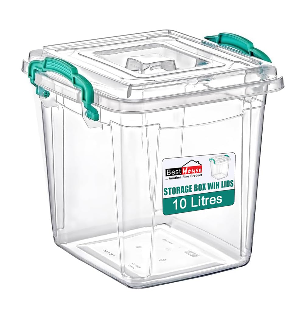 Best House | Plastic Storage Box with Clips & Lids | Size: 10L (L:26cm W:26cm H:26.2 cm)| Set of 1 | Square Shape |Stackable Clear Multipurpose Home Office Kitchen Tools Crafts (MEDIUM Size) โ image 1