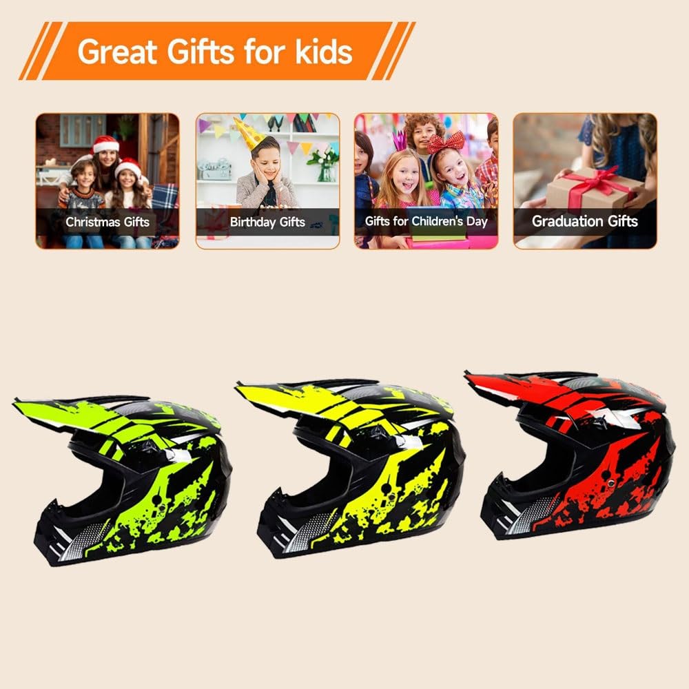 Casques de Motocross pour Enfants de 9 à 14 Ans avec Lunettes, Gants Et Masque, Lot de 4 PièCes, Casques de VTT Tout-Terrain pour GarçOns Et Filles, HomologuéS Dot