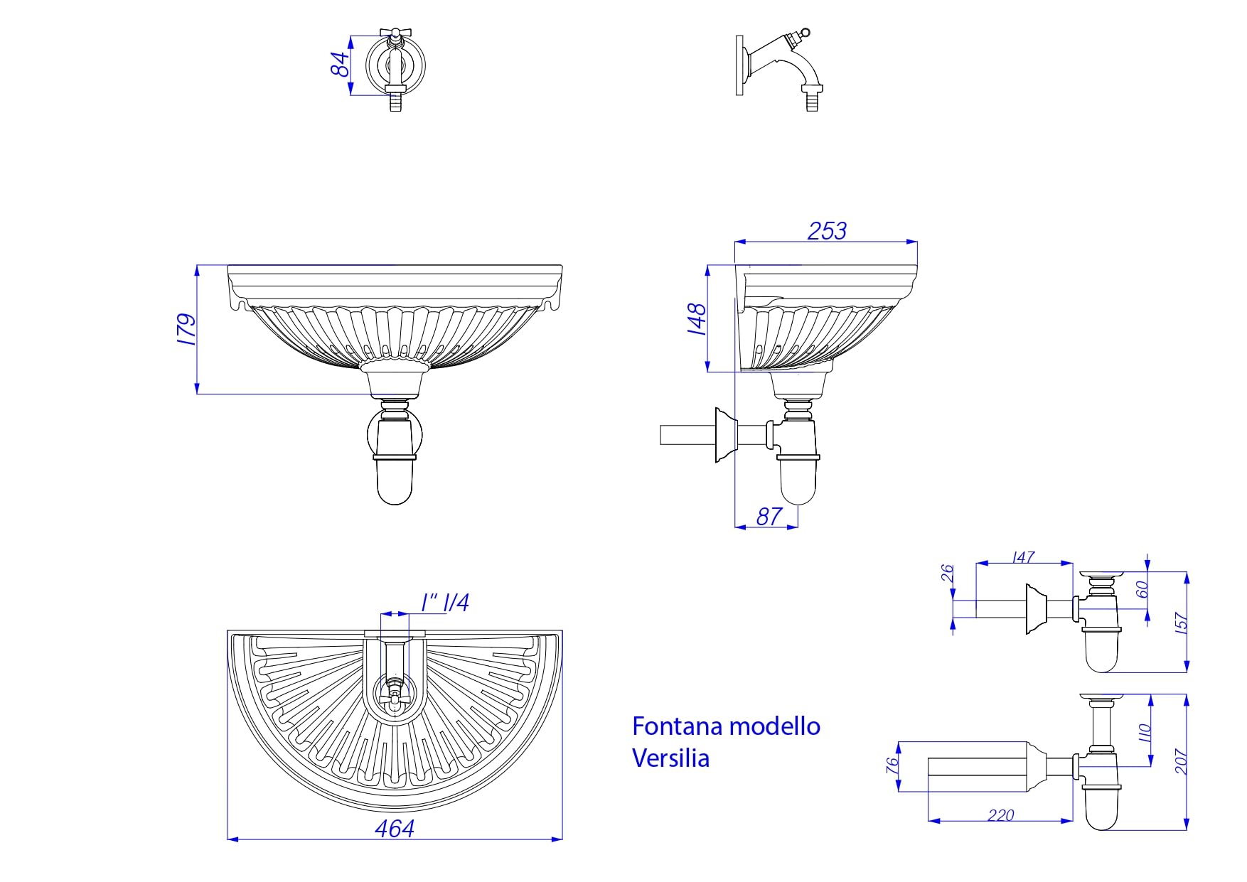Fonderia Bongiovanni Wandbrunnen, Modell Versilia, für Haus, Garten, Terrasse, mit Wasserhahn und Siphon, aus Messing, Finish nach Wahl (brüniert)